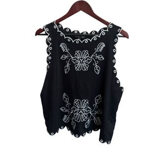 ADRIANNA PAPELL Sleeveless Cropped Floral Embroidered Top Black Ivory LG Wedding